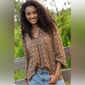 Natural Life Rowan Floral Long Sleeve Top in Expresso Size Large